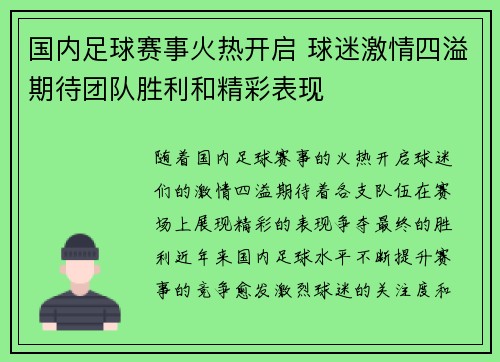 国内足球赛事火热开启 球迷激情四溢期待团队胜利和精彩表现