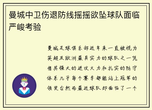 曼城中卫伤退防线摇摇欲坠球队面临严峻考验