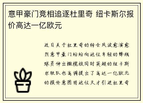 意甲豪门竞相追逐杜里奇 纽卡斯尔报价高达一亿欧元