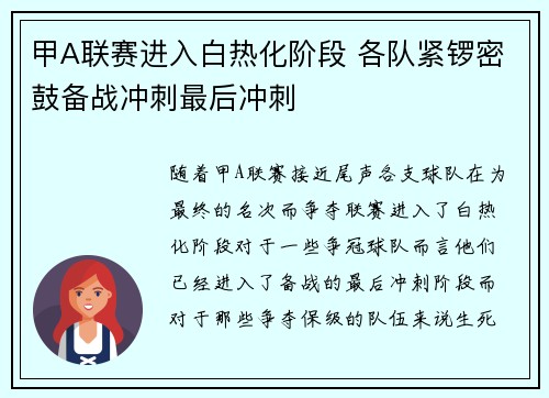 甲A联赛进入白热化阶段 各队紧锣密鼓备战冲刺最后冲刺